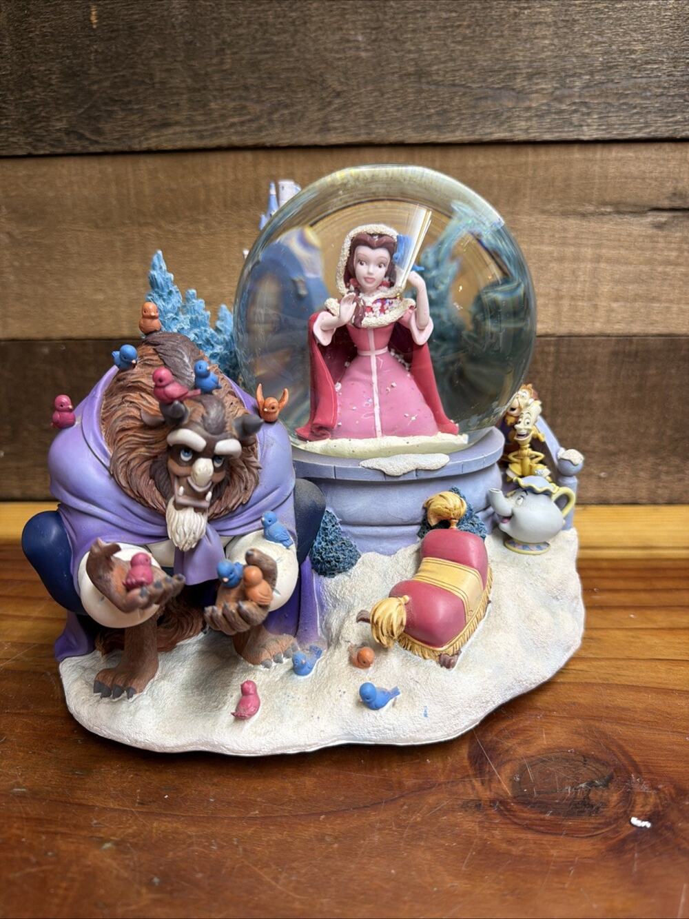 Disney BEAUTY & The BEAST Winter Bird Feeding Musical Box Snow Globe 1991 Flaw